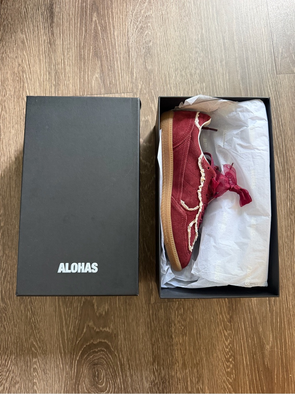 ALOHAS Women's Burgundy Suede Sneakers with Cream Lace Trim - Picture 2 of 4